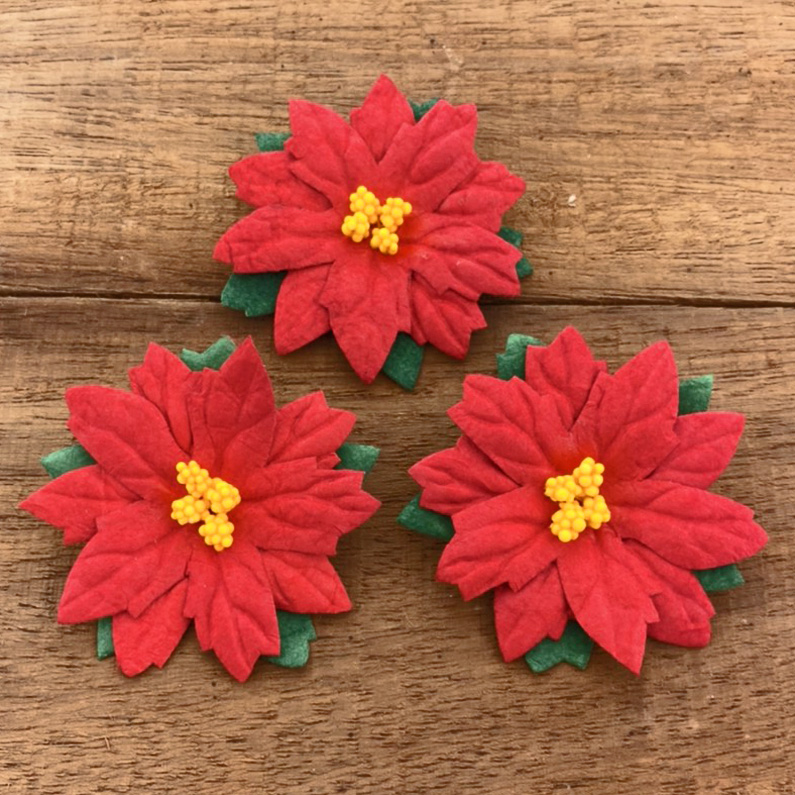 25 LARGE RED MULBERRY PAPER FLOWER POINSETTIAS - 50mm - Click Image to Close